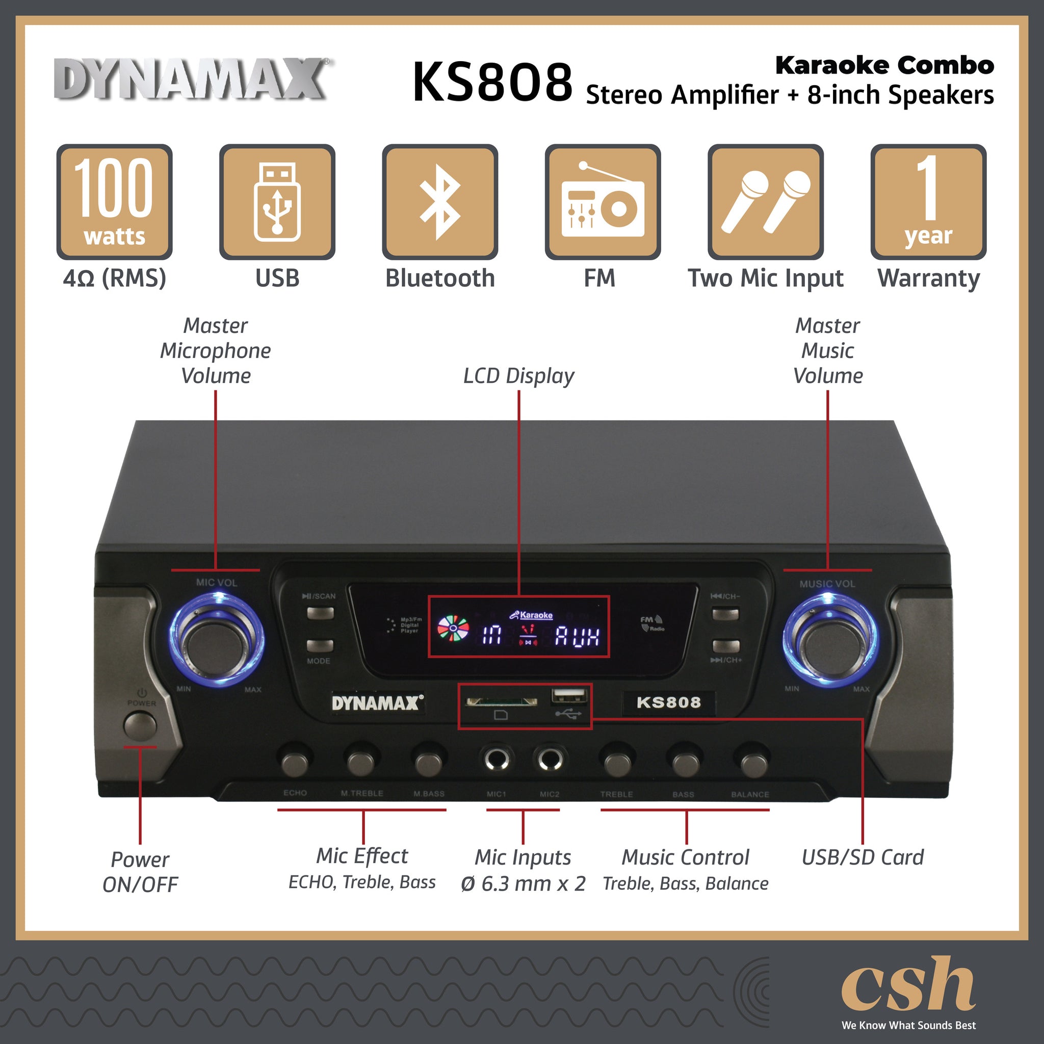 DYNAMAX KS808 Home Karaoke Set Karaoke System 8 inch Karaoke Speakers , Amplifier, Microphone , Speaker Cable