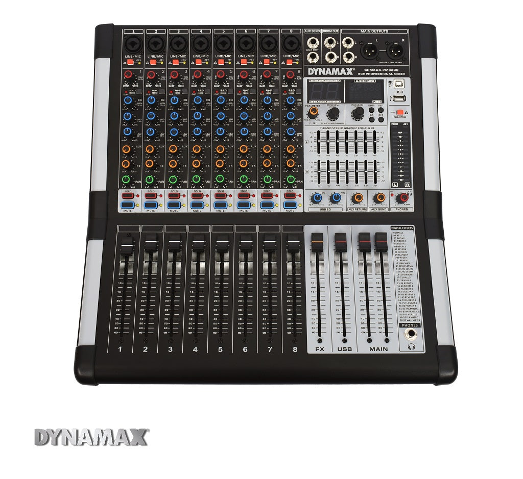 DYNAMAX Sound System PM8300 8-Channel 300W x 2 Powered Mixer, 15