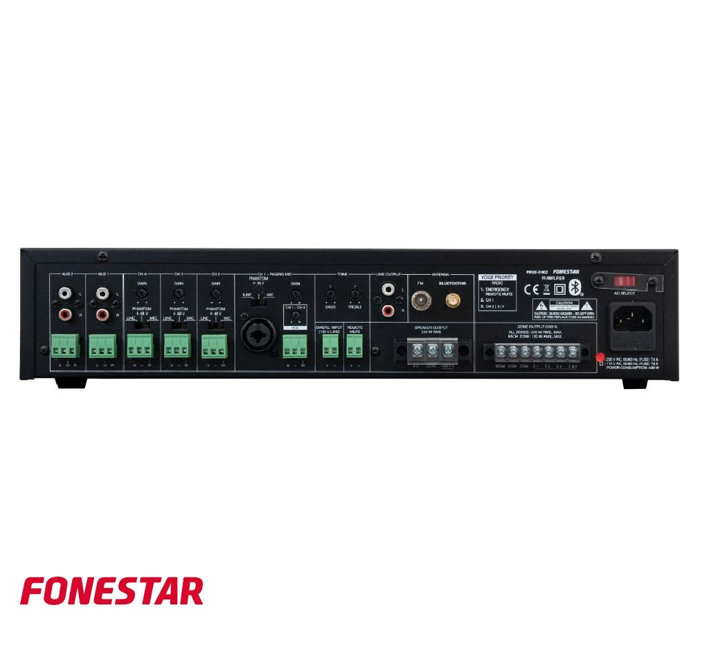 Fonestar PROX-240Z 240W PA Amplifier, Public Address Amplifier Bluetooth/USB/FM player, 4 outputs zones