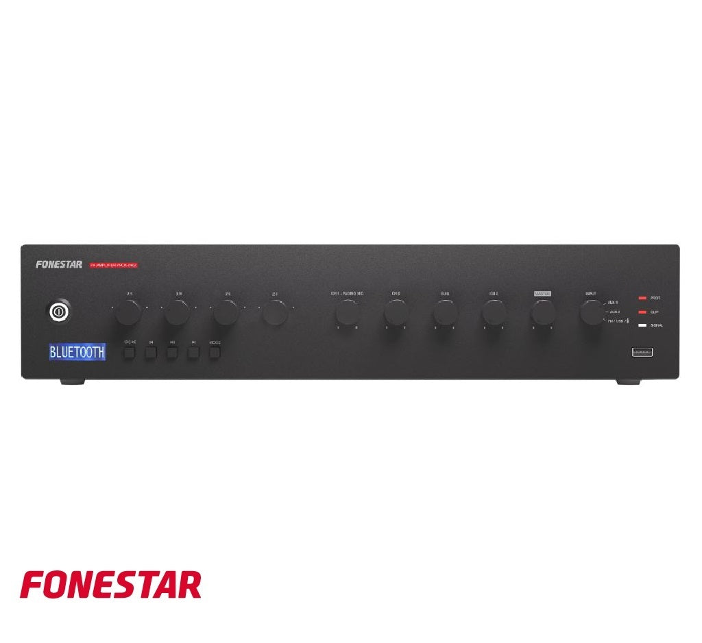 Fonestar PROX-240Z 240W PA Amplifier, Public Address Amplifier Bluetooth/USB/FM player, 4 outputs zones