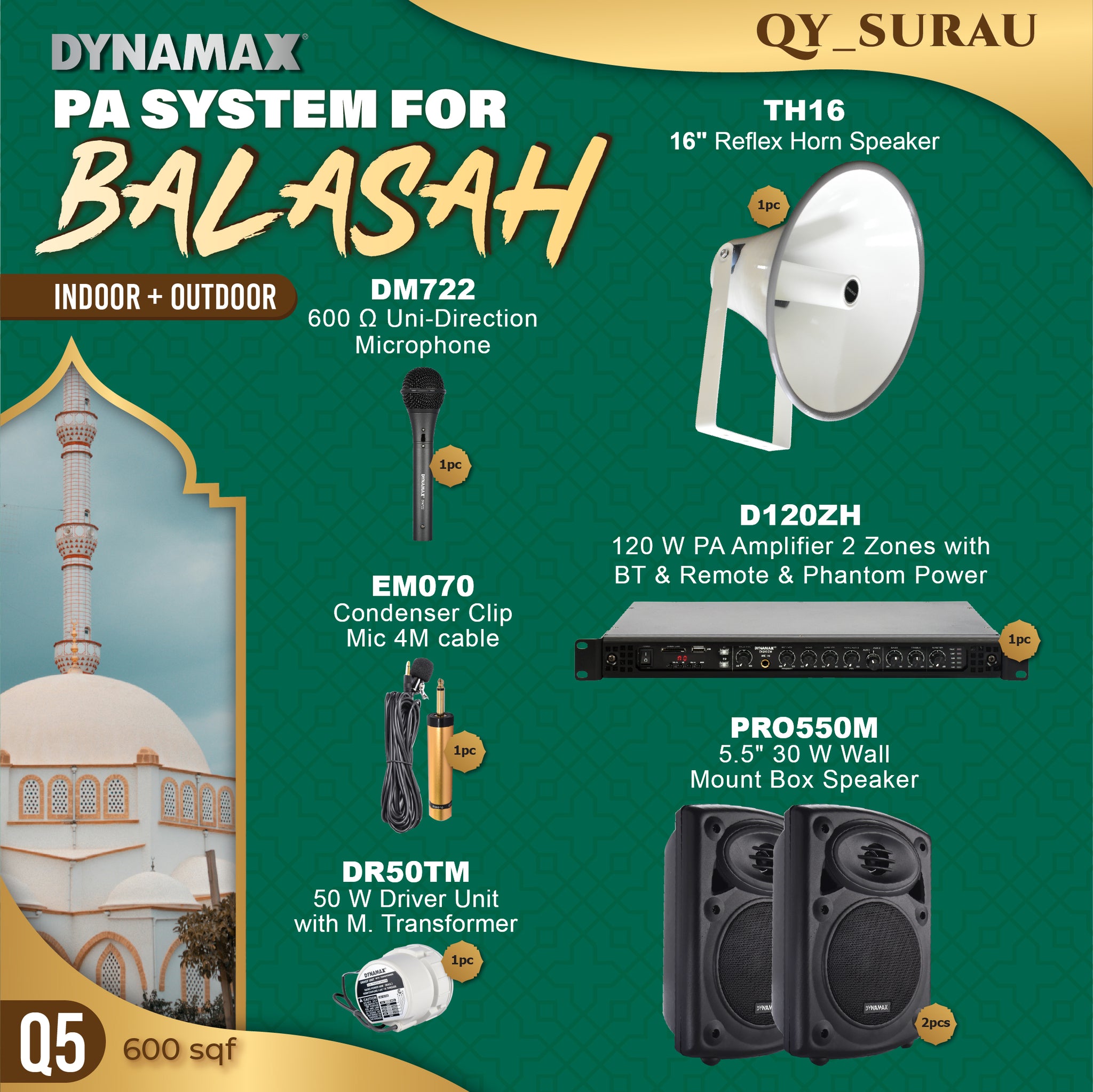 PA System For BALASAH, Indoor & Outdoor DYNAMAX 120W PA Amplifier, Wall Speakers, Horn Speaker Masjid, Surau, Bluetooth