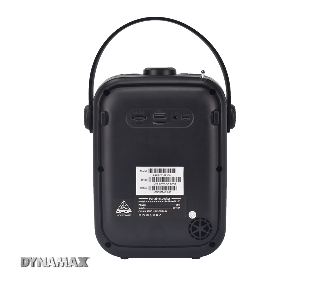 DYNAMAX SR150 Portable Speaker with UHF Wireless Mic with MCMC Approval Built-in Rechargeable Battery, TWS, FM Radio for teaching, speech