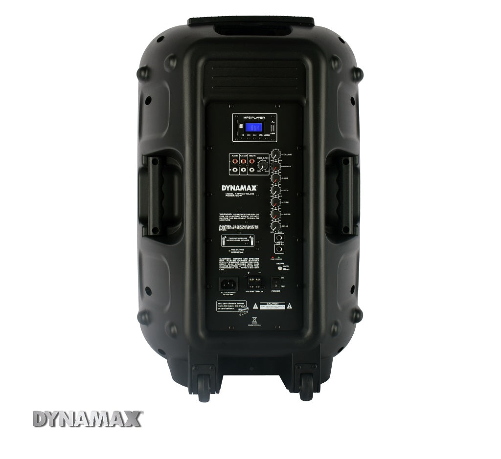 DYNAMAX TSL015 15'' 120W Bluetooth Portable PA System Speaker with 2 pcs 16 channel UHF handheld mic, TWS (MCMC)