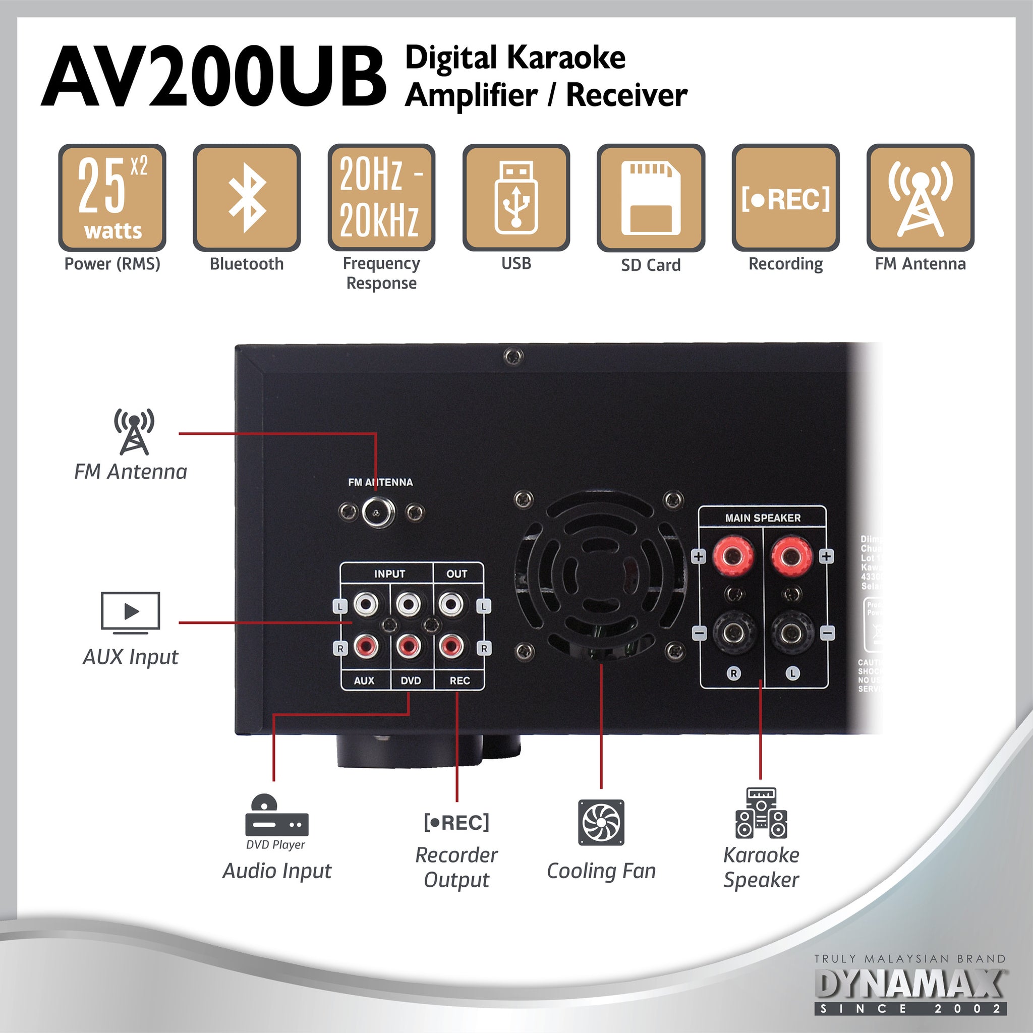 DYNAMAX AV100UB /AV200UB/AV220UB 50W x 2 (4 ohm) HiFi Stereo AV Karaoke Receiver Amplifier