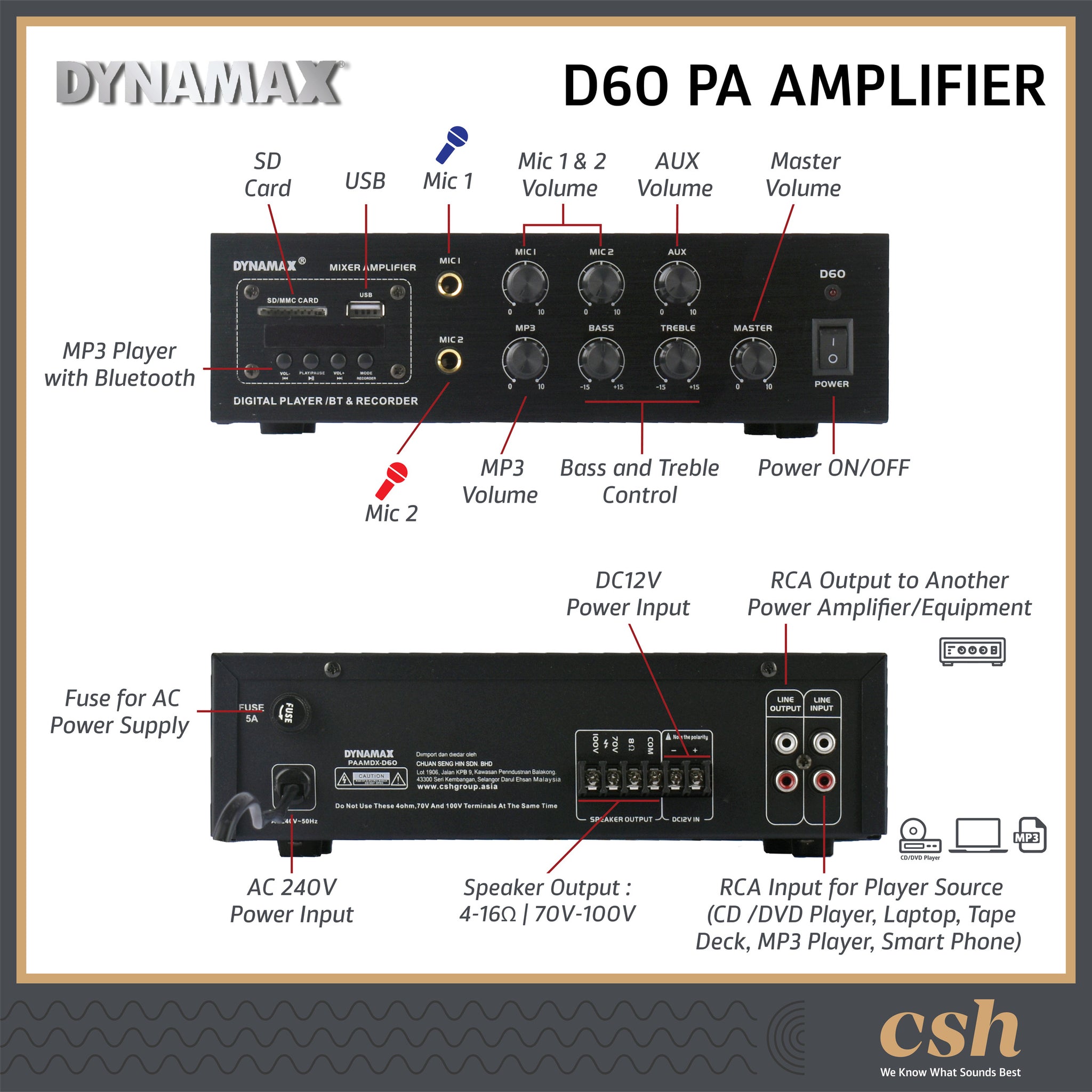 DYNAMAX D30 30W / D60 60W / D120 120W PA Amplifier
