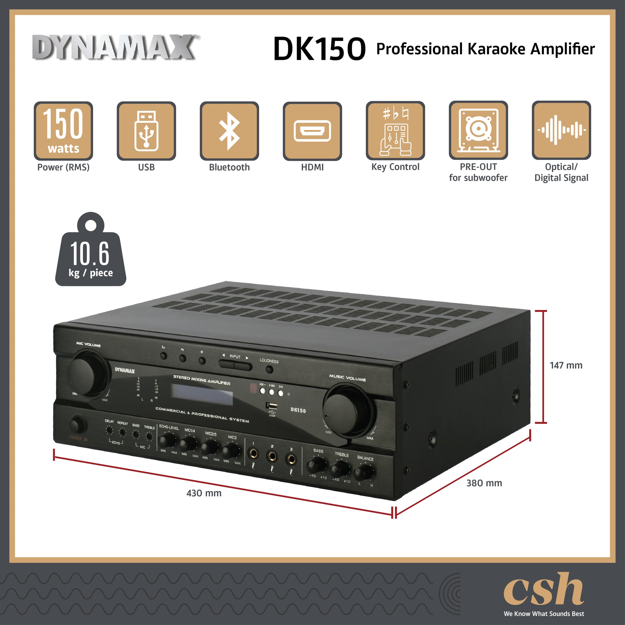 DYNAMAX DK150 150W x 2 (8 ohm) Professional Karaoke Amplifier