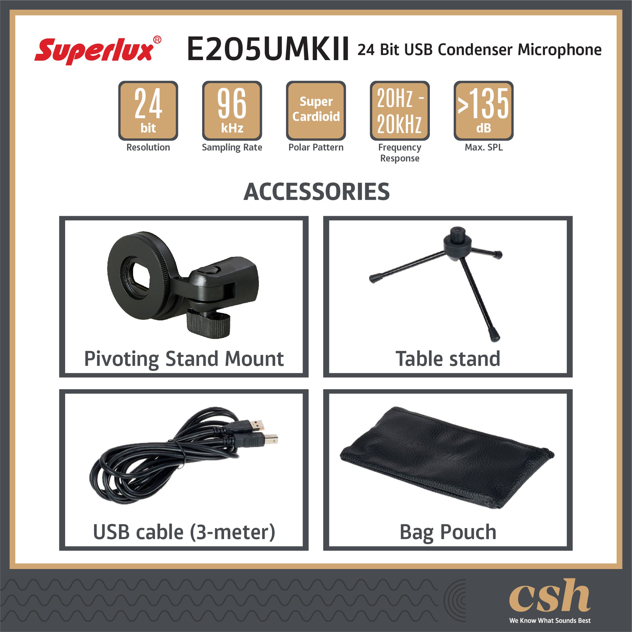 Superlux E205UMKII Pro USB Condenser Microphone (Black) 24-Bit for Recording, Podcasting and Broadcasting