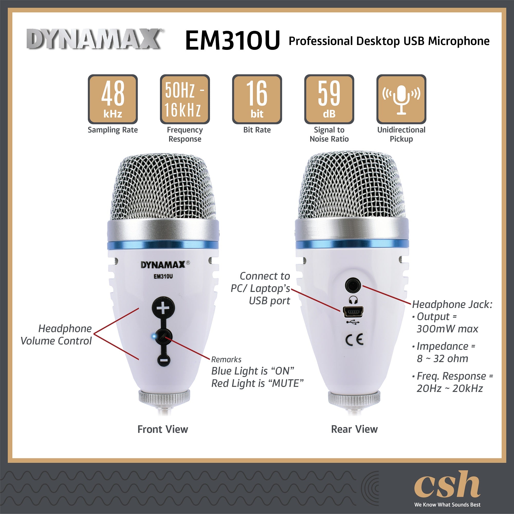DYNAMAX EM310U USB Desktop Condenser Microphone 16bit with Headphone Jack, Good For Podcasting, Recording, Meeting, Teaching, Made in Taiwan