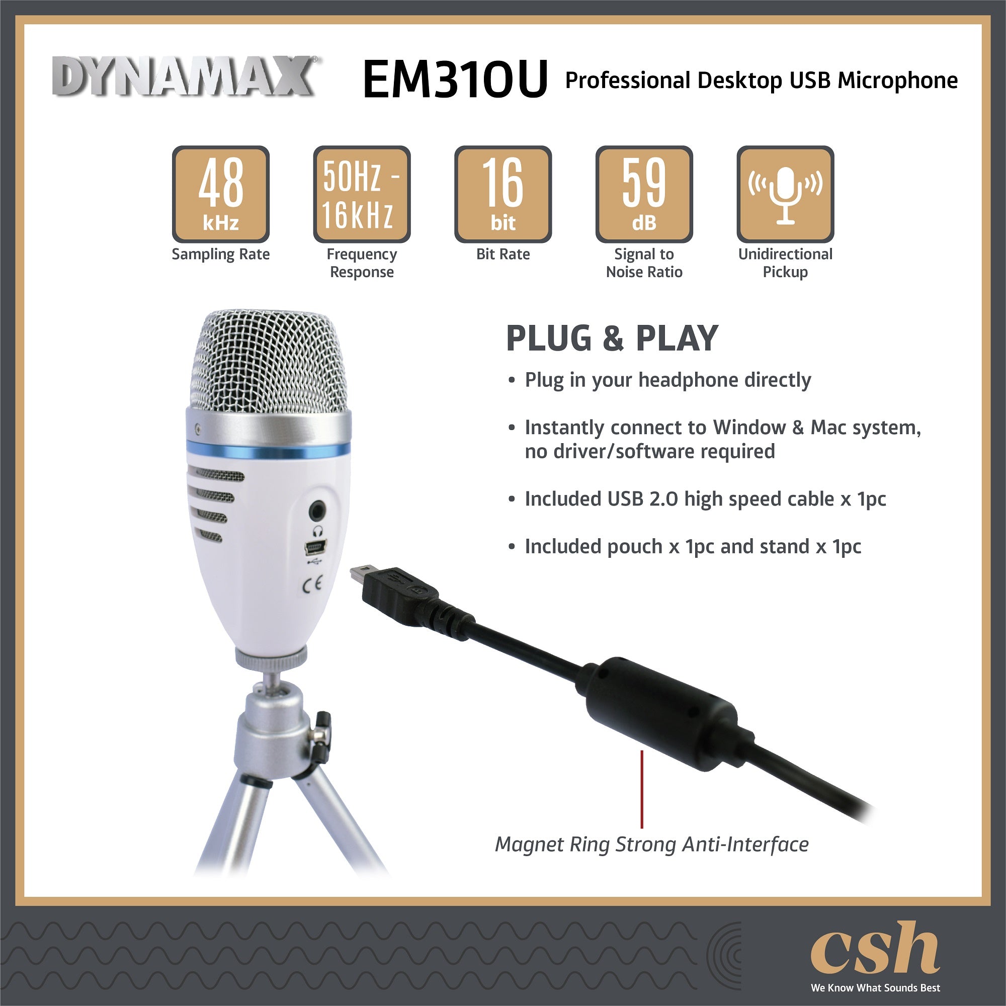 DYNAMAX EM310U USB Desktop Condenser Microphone 16bit with Headphone Jack, Good For Podcasting, Recording, Meeting, Teaching, Made in Taiwan