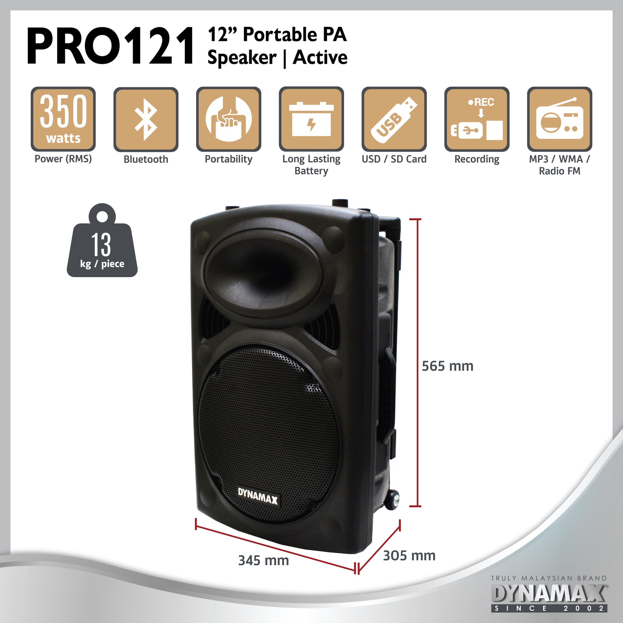 (With MCMC) DYNAMAX PRO121 12'' Bluetooth Portable PA System with  2 VHF Handheld Mic/ 1 VHF handheld mic & clip mic With SPS503 Speaker Stand