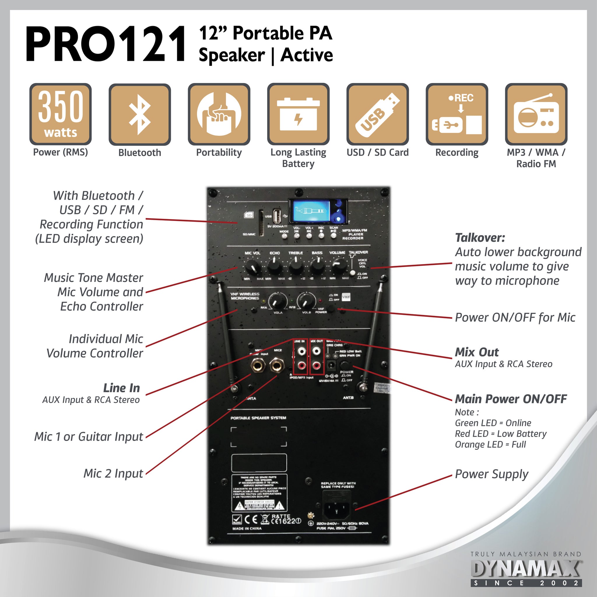 (With MCMC) DYNAMAX PRO121 12'' Bluetooth Portable PA System with  2 VHF Handheld Mic/ 1 VHF handheld mic & clip mic With SPS503 Speaker Stand