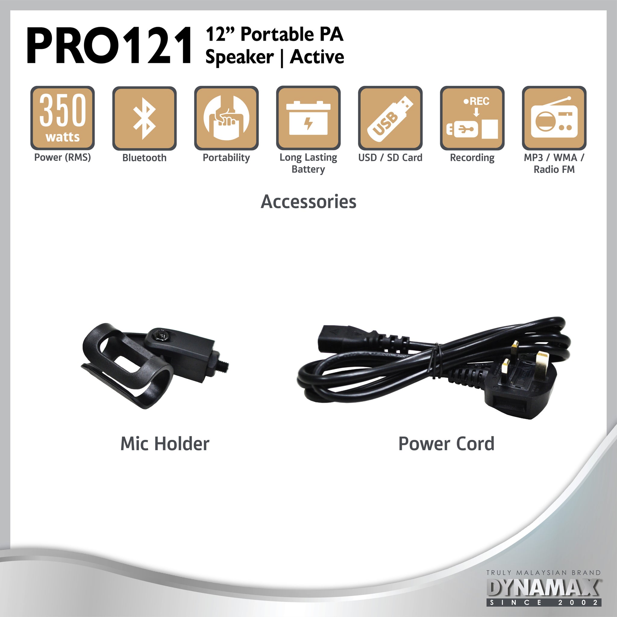 (With MCMC) DYNAMAX PRO121 12'' Bluetooth Portable PA System with  2 VHF Handheld Mic/ 1 VHF handheld mic & clip mic With SPS503 Speaker Stand