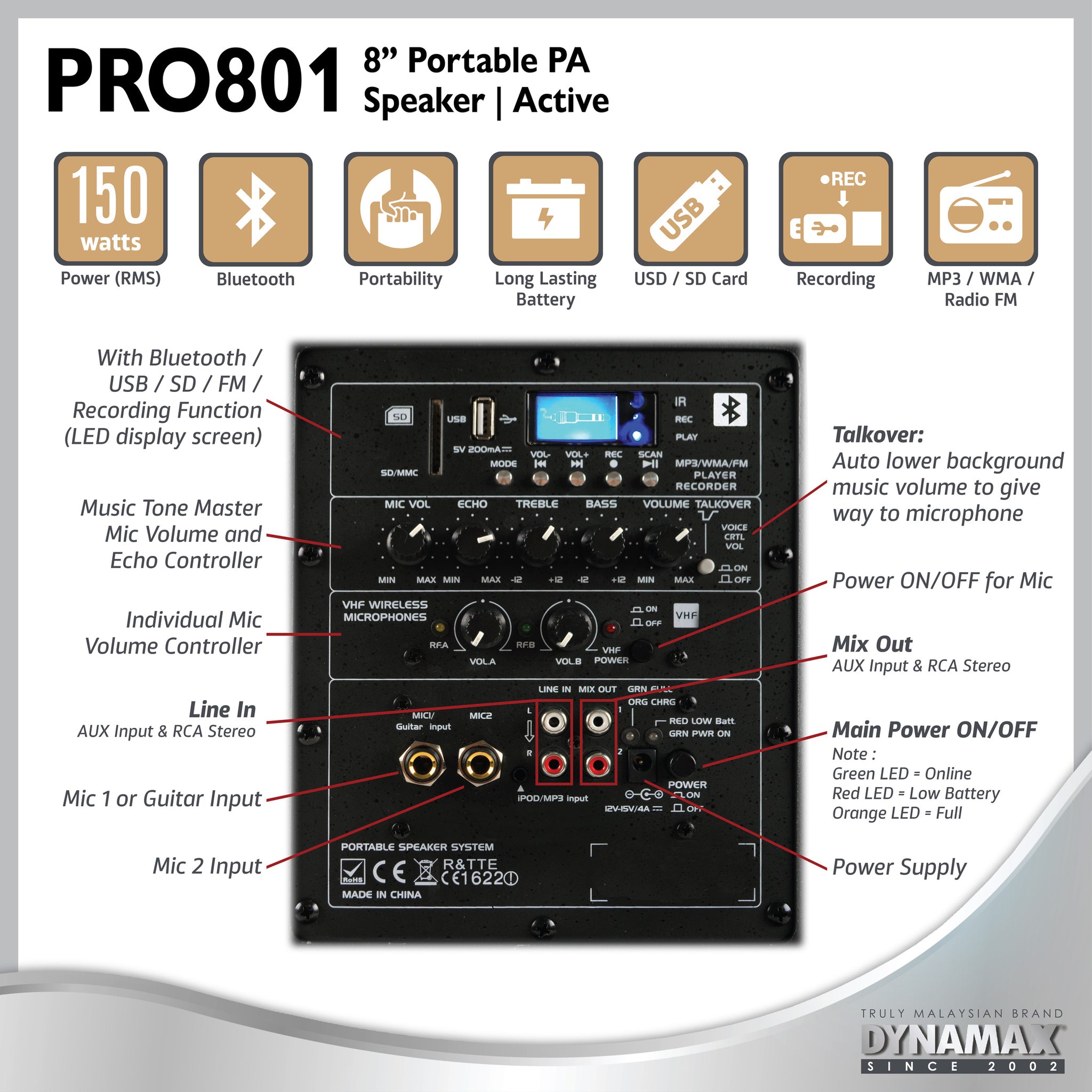 (With MCMC) DYNAMAX PRO801 8” Bluetooth Portable Active Speaker System with 2 VHF handheld mic / 1 VHF handheld mic  & Clip Mic  With Speaker Stand