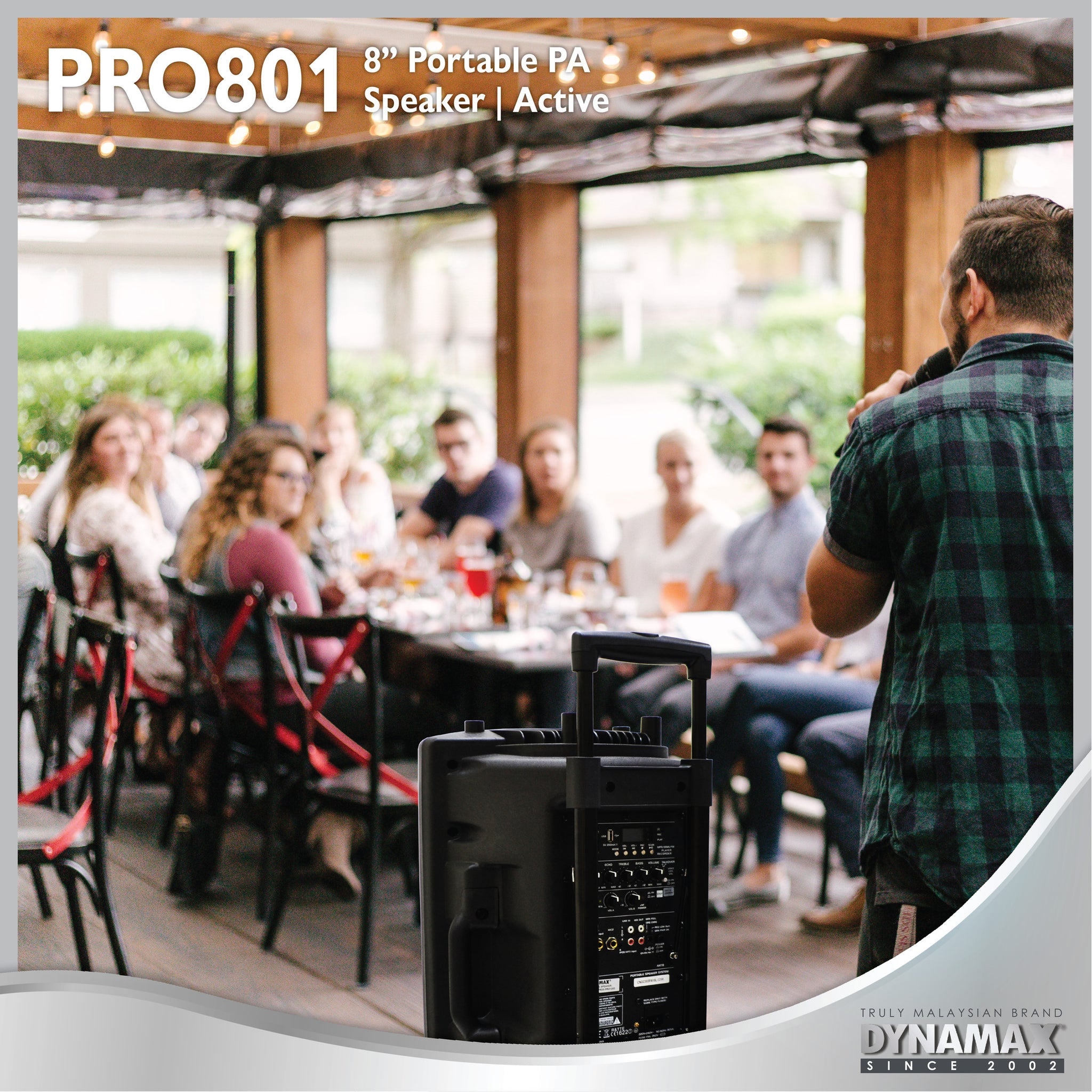 (With MCMC) DYNAMAX PRO801 8” Bluetooth Portable Active Speaker System with 2 VHF handheld mic / 1 VHF handheld mic  & Clip Mic  With Speaker Stand