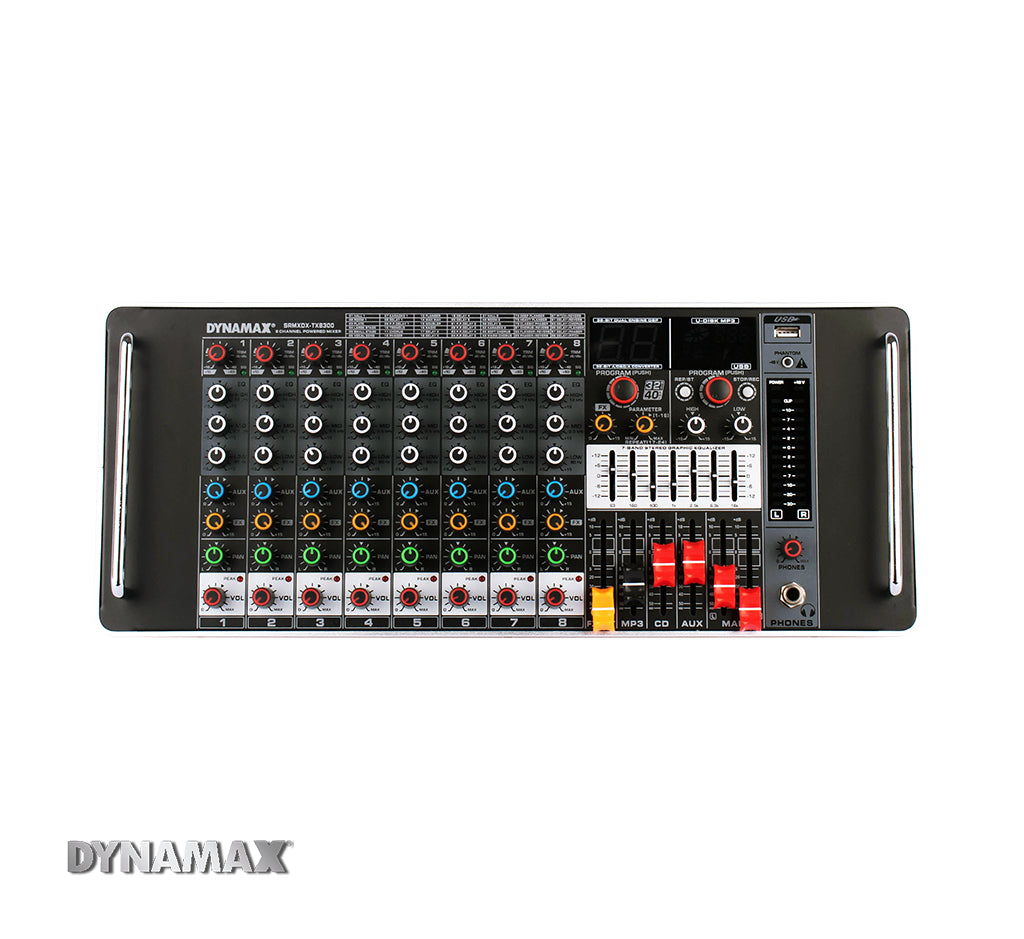 DYNAMAX Sound System DYNAMAX TX8300 8-Channel 300W x 2 Powered Mixer With USB / Bluetooth / 32-Bit DSP / 48V Phantom Power (MCMC Approval), 12