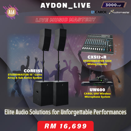 Live Sound System Studiomaster Core 151 15” Curve Array & BASS Reflex SUB, Studiomaster CXS12+R 12 Channel Mixing Console, CAROL UW600 UHF Wireless Microphone System