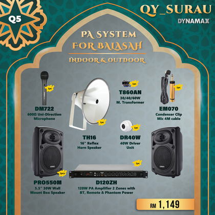 PA System For BALASAH, Indoor & Outdoor DYNAMAX 120W PA Amplifier, Wall Speakers, Horn Speaker Masjid, Surau, Bluetooth