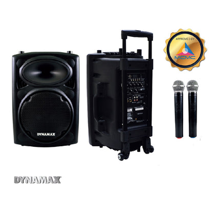 (With MCMC) DYNAMAX PRO801 8” Bluetooth Portable Active Speaker System with 2 VHF handheld mic / 1 VHF handheld mic  & Clip Mic  With Speaker Stand